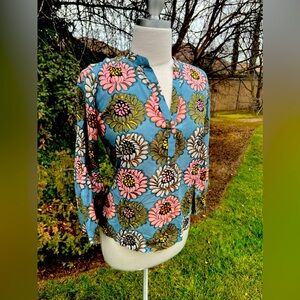 LOFT Teal Floral Split-Neck Blouse with Pink and Olive Bloom